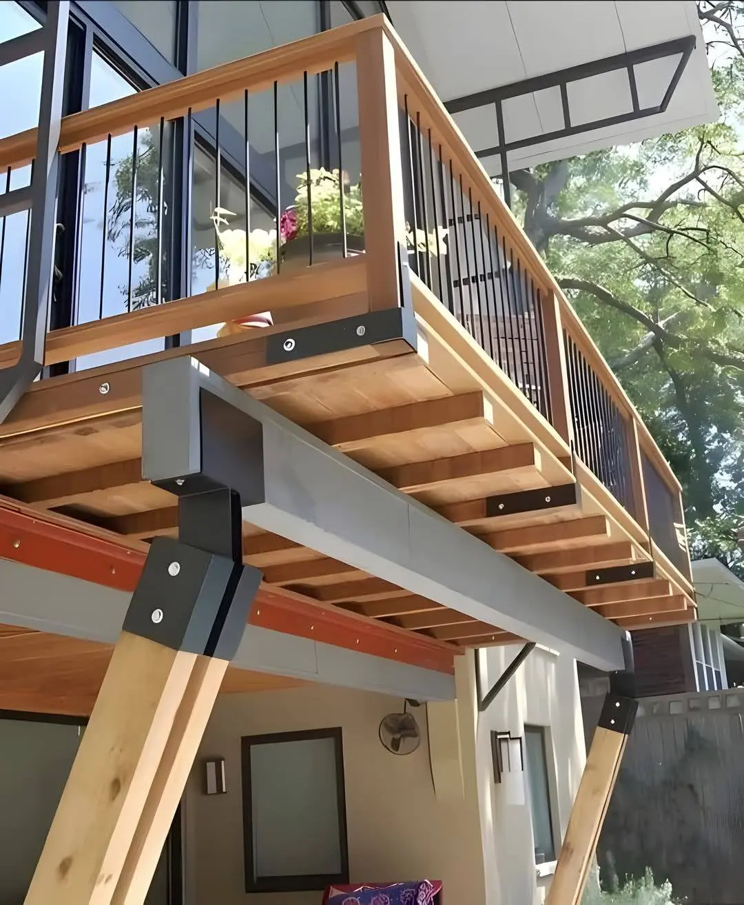 Elevated deck with metal railing detail