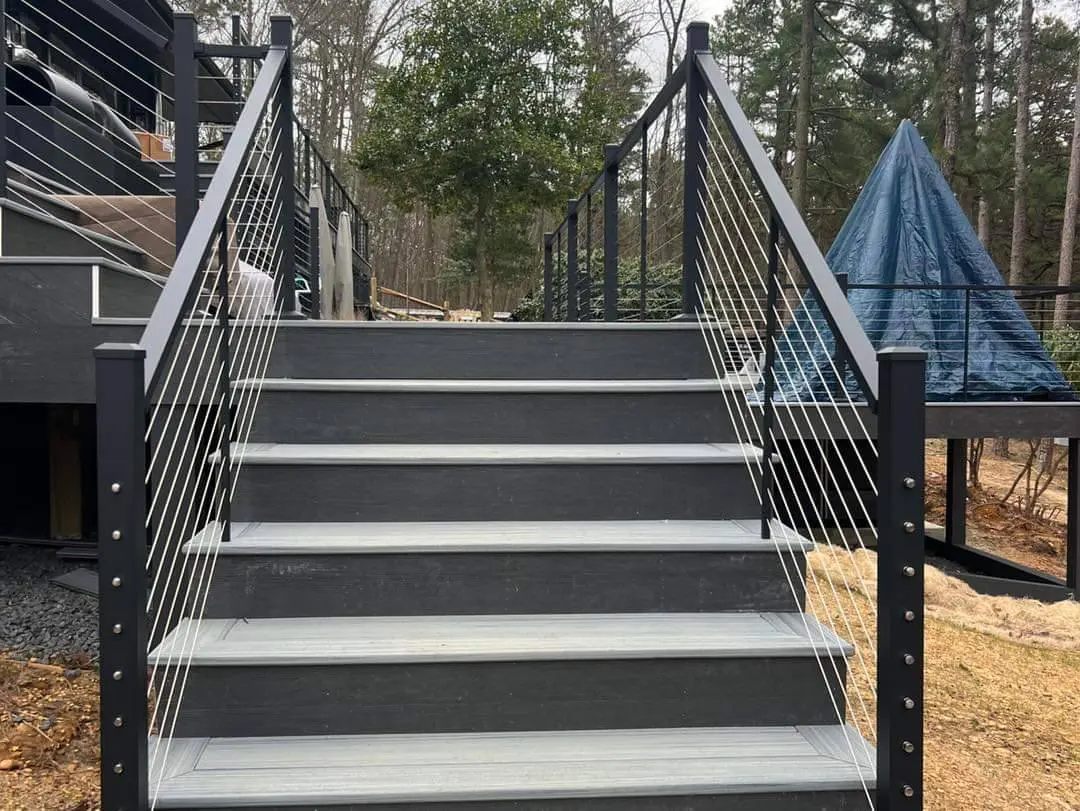 Composite deck stairs with cable railing
