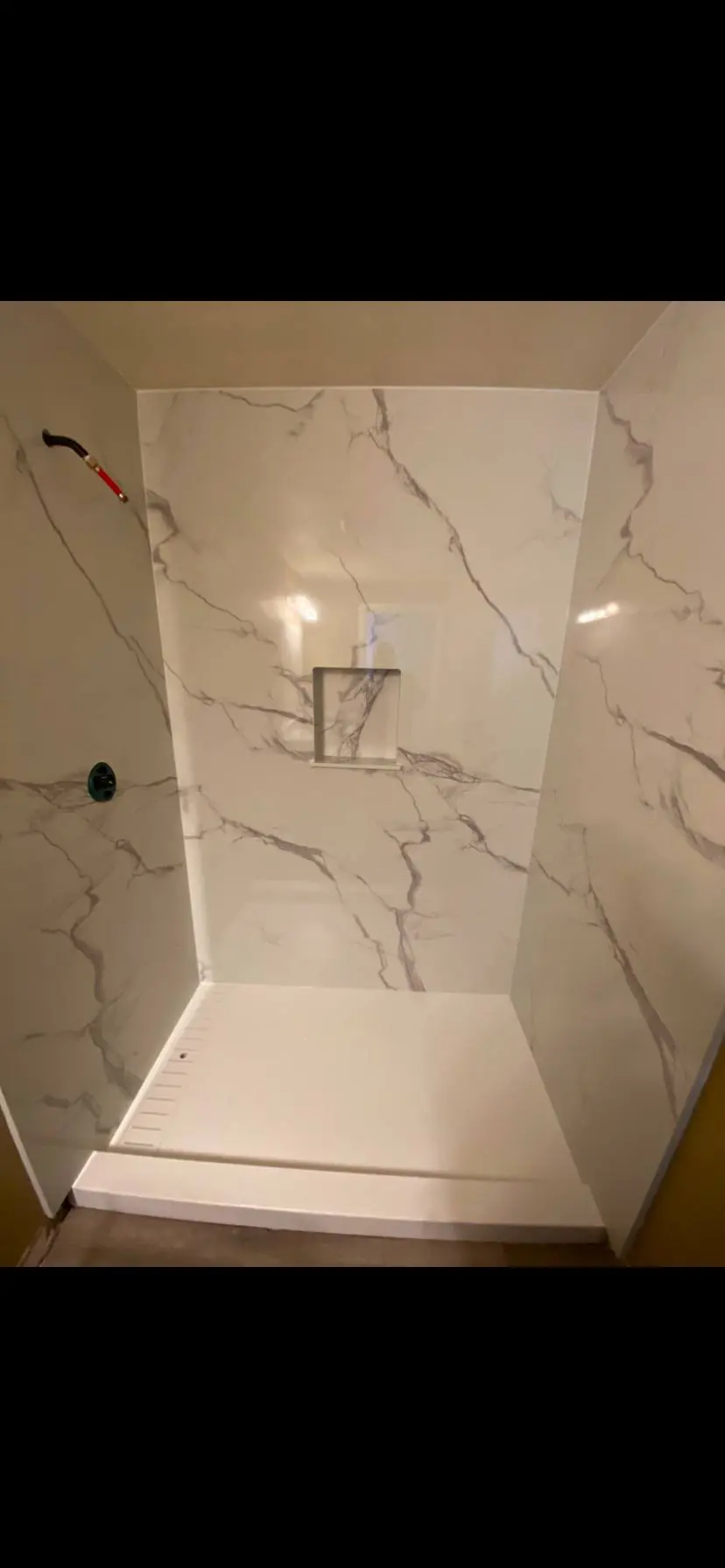 Walk-in shower with marble tile and built-in niche