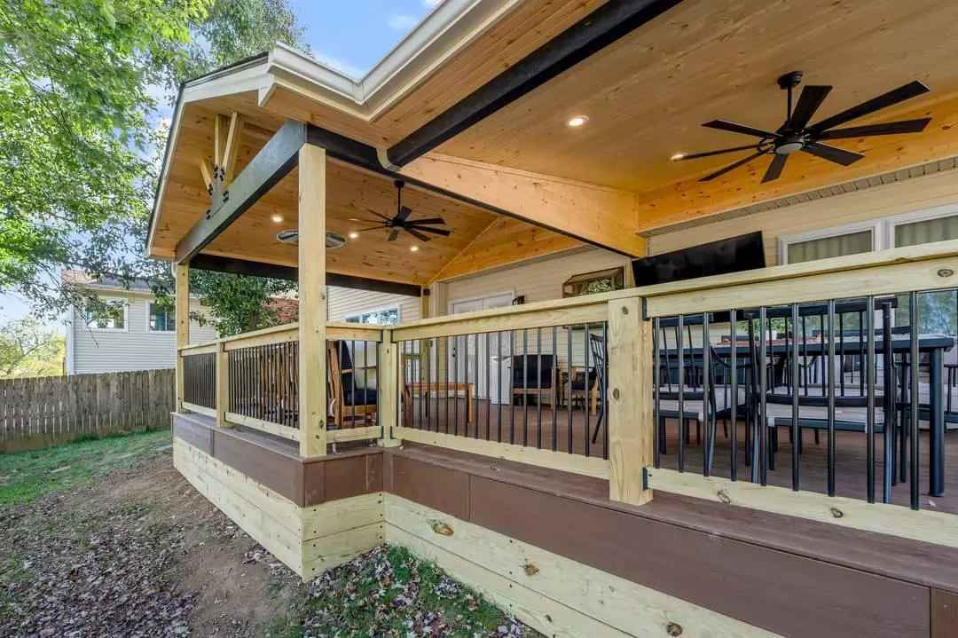 Covered deck with cedar ceiling and ceiling fans