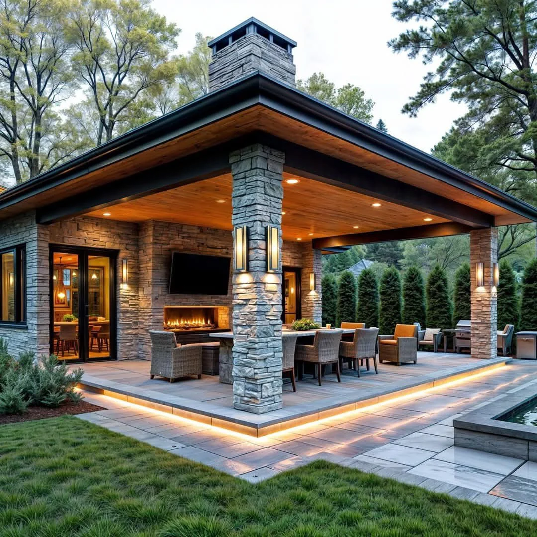 Covered outdoor patio with stone fireplace and seating area